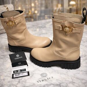 Versace Tan Leather Boots with Gold Details